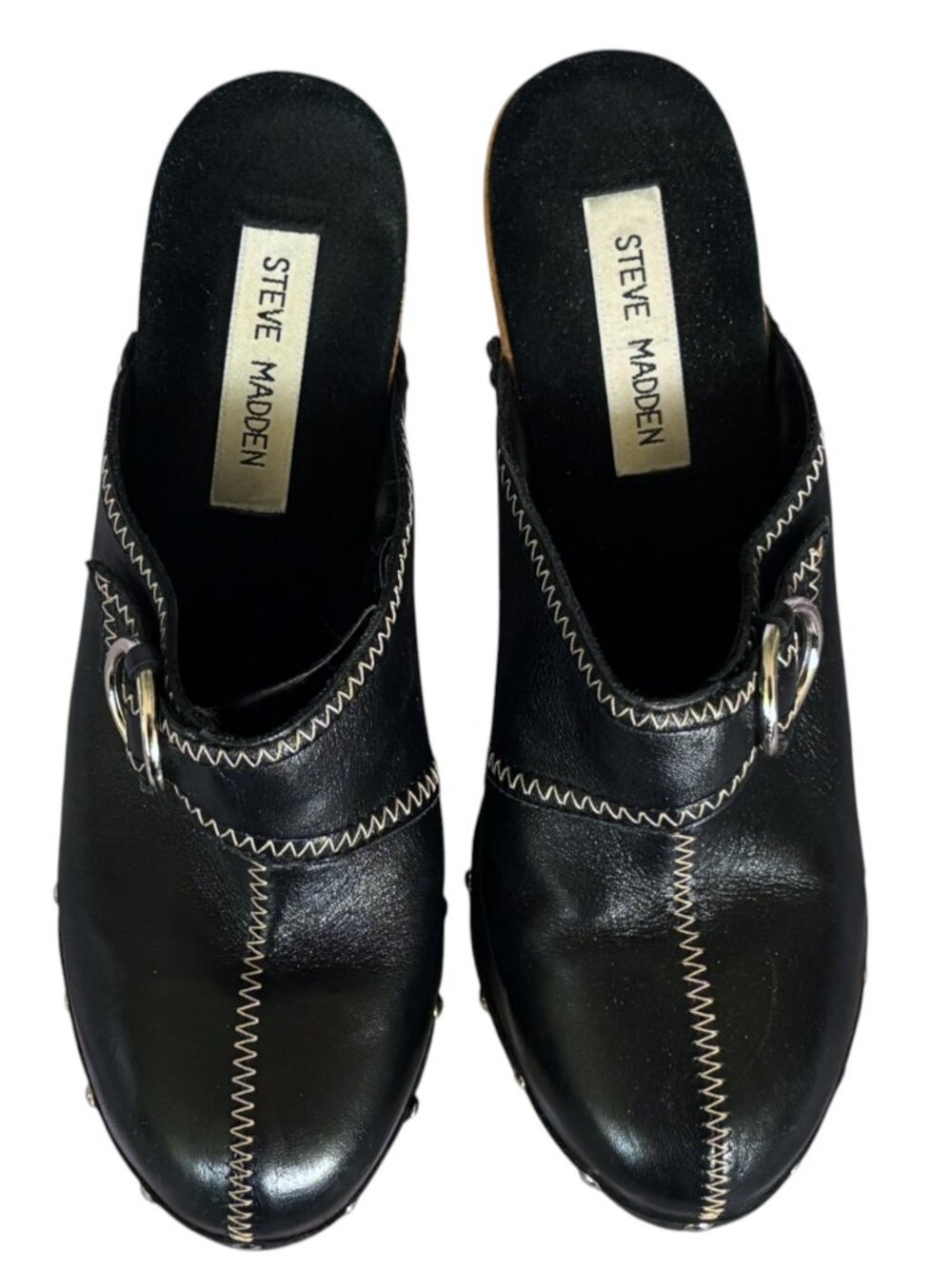 Steve Madden, 7B, Faris,Y2K, 90s Black Leather Platform Wood Heel Clog Mules